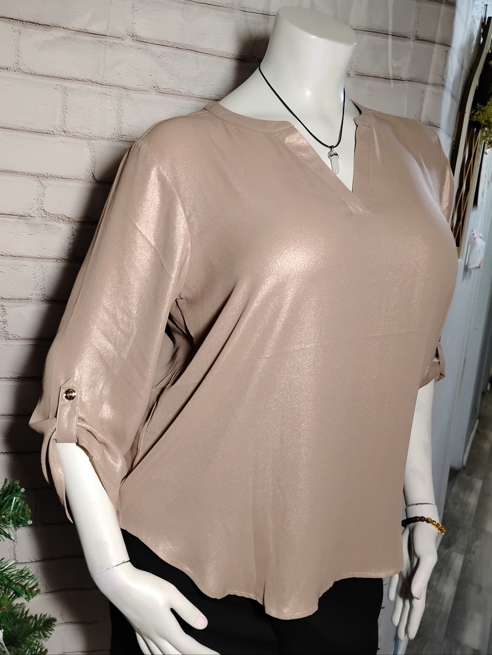 Maurices Shimmery Beige V-Neck Roll-Tab Sleeve Blouse